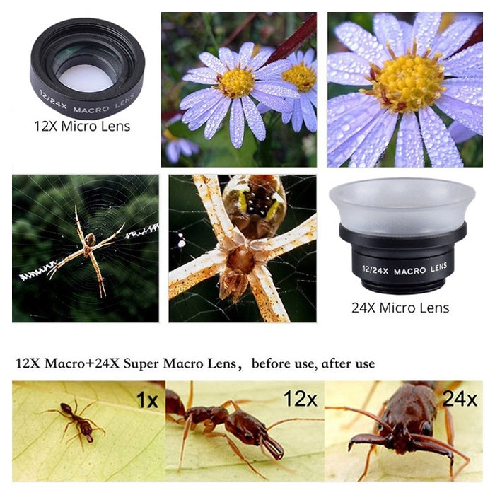 APEXEL APL-24X-H 2 en 1 Lente macro externa universal para teléfono móvil 12X y 24X con parasol