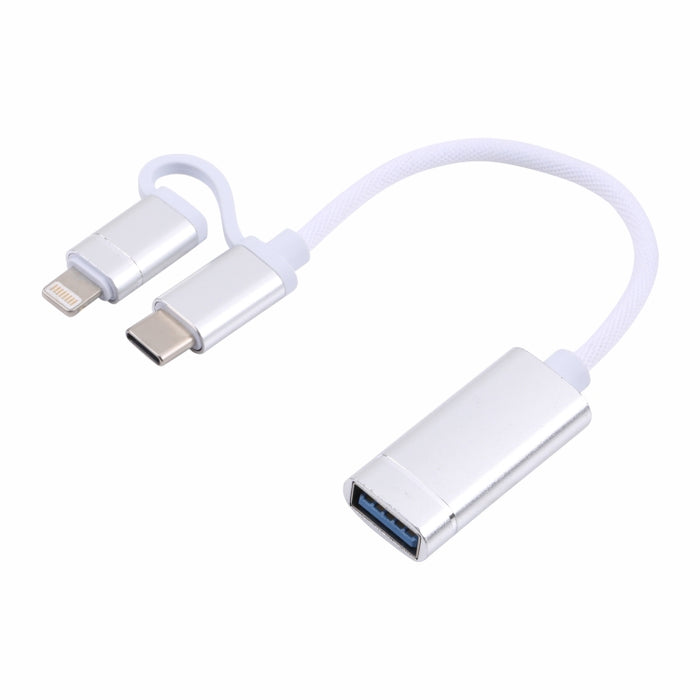 USB 3.0 hembra a 8 pines + USB-C / Type-C macho Carga + Transmisión Cable adaptador trenzado de nailon OTG, Longitud del cable: 11 cm