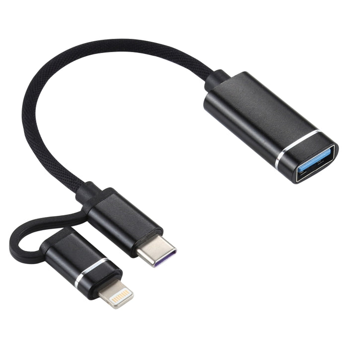 USB 3.0 hembra a 8 pines + USB-C / Type-C macho Carga + Transmisión Cable adaptador trenzado de nailon OTG, Longitud del cable: 11 cm