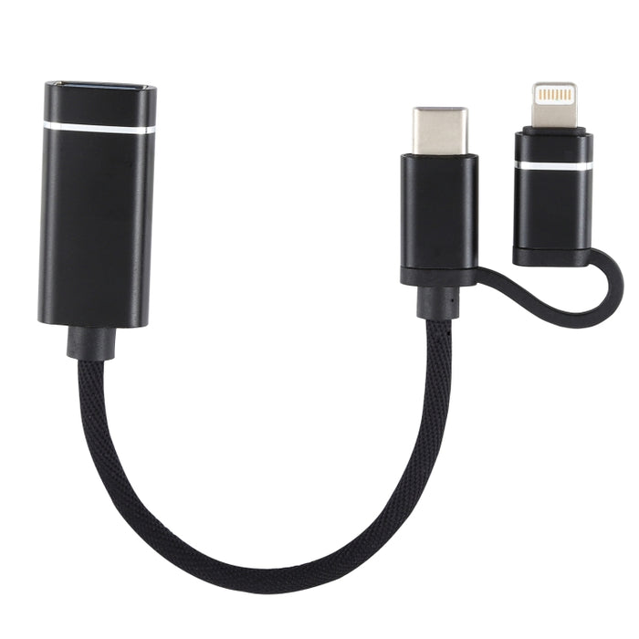 USB 3.0 hembra a 8 pines + USB-C / Type-C macho Carga + Transmisión Cable adaptador trenzado de nailon OTG, Longitud del cable: 11 cm