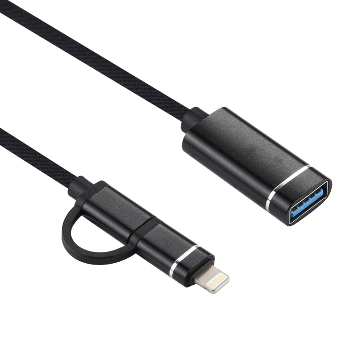 USB 3.0 hembra a 8 pines + USB-C / Type-C macho Carga + Transmisión Cable adaptador trenzado de nailon OTG, Longitud del cable: 11 cm