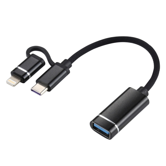 USB 3.0 hembra a 8 pines + USB-C / Type-C macho Carga + Transmisión Cable adaptador trenzado de nailon OTG, Longitud del cable: 11 cm