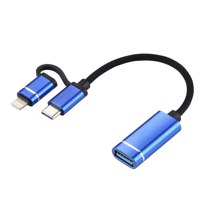 USB 3.0 hembra a 8 pines + USB-C / Type-C macho Carga + Transmisión Cable adaptador trenzado de nailon OTG, Longitud del cable: 11 cm