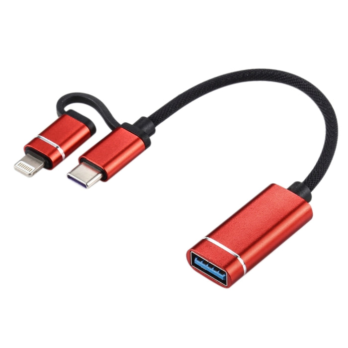 USB 3.0 hembra a 8 pines + USB-C / Type-C macho Carga + Transmisión Cable adaptador trenzado de nailon OTG, Longitud del cable: 11 cm
