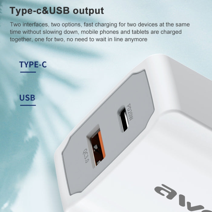 awei PD4 20W PD Type-C + QC 3.0 Interfaz USB Cargador de viaje de carga rápida con cable de datos, enchufe de la UE