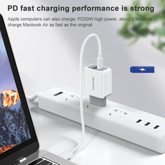 awei PD4 20W PD Type-C + QC 3.0 Interfaz USB Cargador de viaje de carga rápida con cable de datos, enchufe de la UE