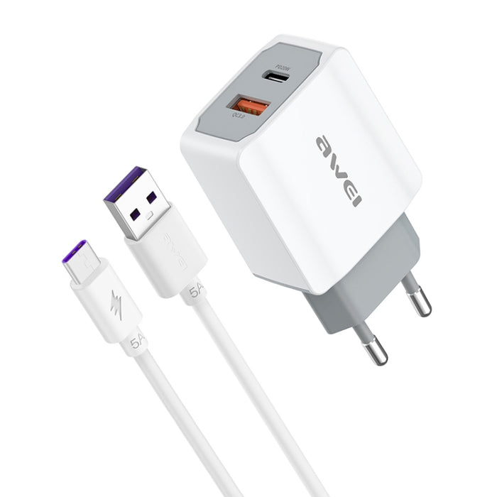 awei PD4 20W PD Type-C + QC 3.0 Interfaz USB Cargador de viaje de carga rápida con cable de datos, enchufe de la UE