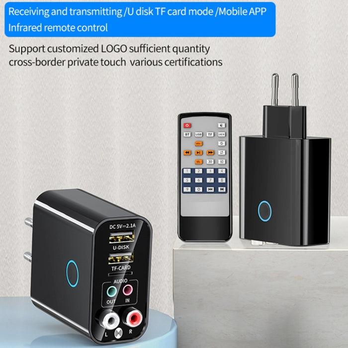 K16 2 en 1 3,5 mm AUX + RAC Receptor y transmisor de audio Bluetooth 5.0 enchufable de salida dual con control remoto, enchufe de la UE