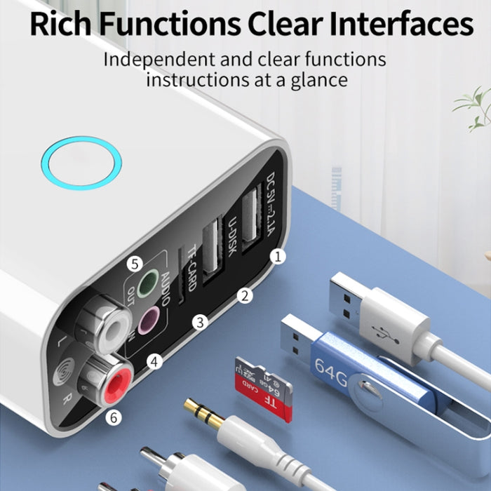 K16 2 en 1 3,5 mm AUX + RAC Receptor y transmisor de audio Bluetooth 5.0 enchufable de salida dual con control remoto, enchufe CN