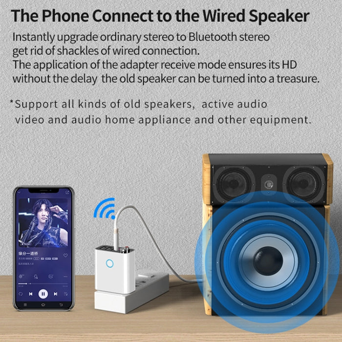 K16 2 en 1 3,5 mm AUX + RAC Receptor y transmisor de audio Bluetooth 5.0 enchufable de salida dual con control remoto, enchufe CN