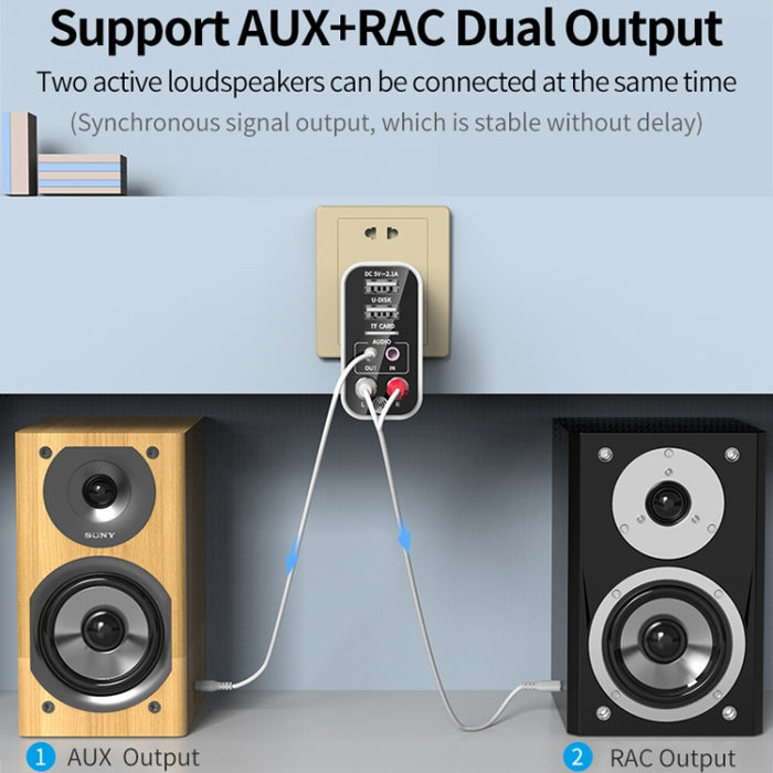 K16 2 en 1 3,5 mm AUX + RAC Receptor y transmisor de audio Bluetooth 5.0 enchufable de salida dual con control remoto, enchufe CN