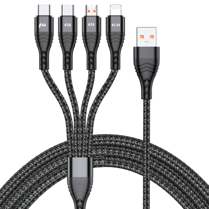 4 en 1 66W 6A USB a 8 pines + Micro USB + Cable de datos de carga rápida dual USB-C / Type-C, Longitud del cable: 1,2 m