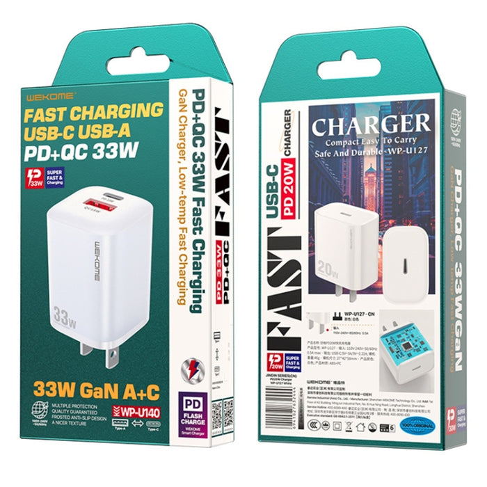 Cargador rápido WK WP-U140 33W Power Series USB + USB-C/Type-C, especificaciones: enchufe de EE. UU.