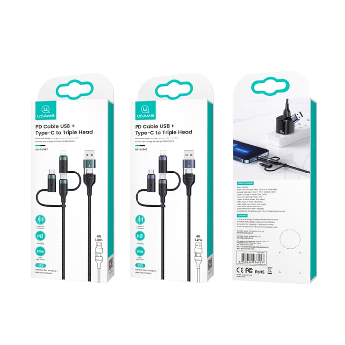 USAMS US-SJ547 U62 USB + Type-C / USB-C toType-C / USB-C + 8 pines + Cable de datos de carga rápida PD de aleación de aluminio micro, Longitud: 1,2 m