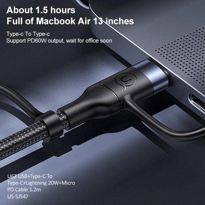 USAMS US-SJ547 U62 USB + Type-C / USB-C toType-C / USB-C + 8 pines + Cable de datos de carga rápida PD de aleación de aluminio micro, Longitud: 1,2 m