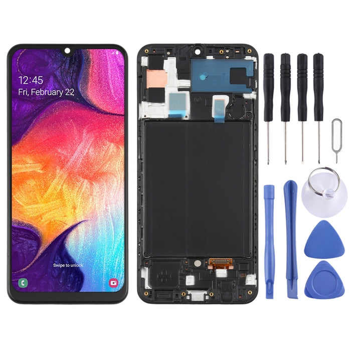 Pantalla LCD Super AMOLED original para montaje completo del digitalizador Galaxy A50 con marco