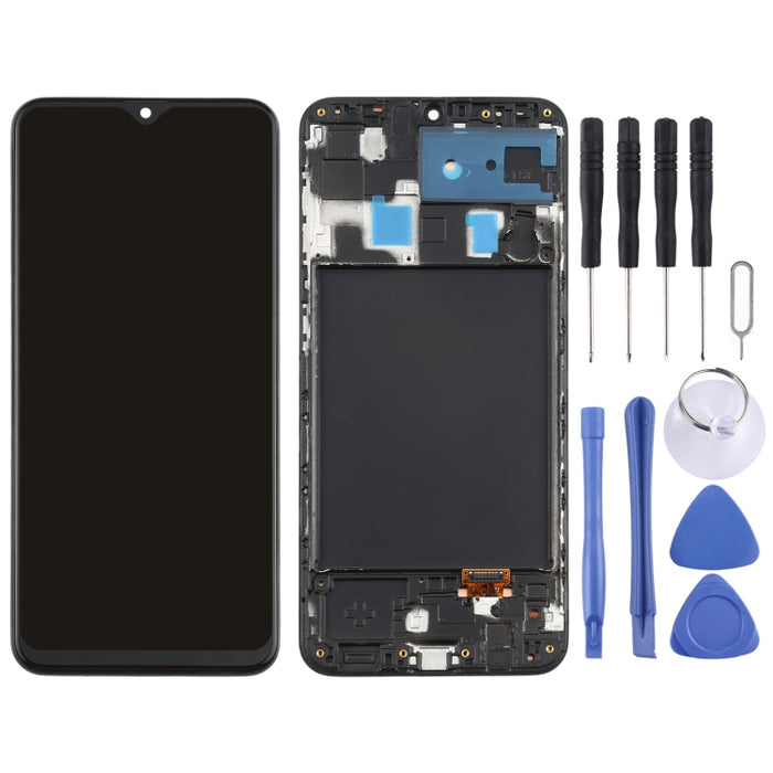 Pantalla LCD de material Super AMOLED original y ensamblaje completo del digitalizador con marco para Galaxy A20