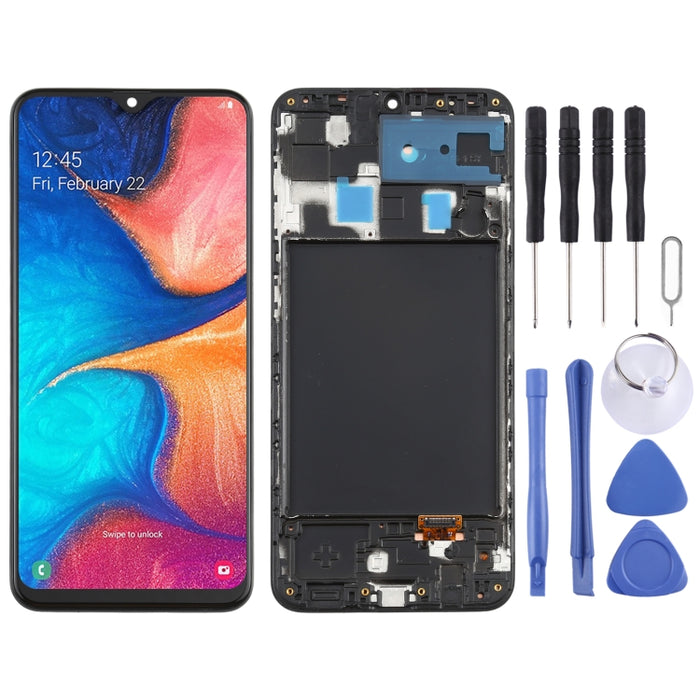 Pantalla LCD de material Super AMOLED original y ensamblaje completo del digitalizador con marco para Galaxy A20