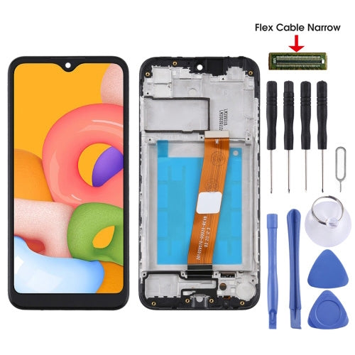 Pantalla LCD y digitalizador de montaje completo con marco (cable flexible estrecho) para Samsung Galaxy A01