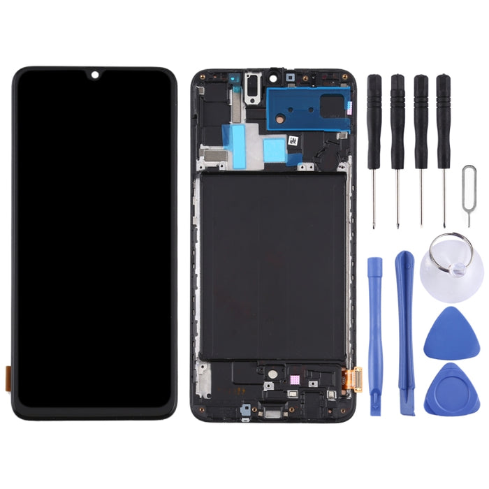 Pantalla LCD de material TFT y ensamblaje completo del digitalizador con marco para Samsung Galaxy A70 (no admite identificación de huellas dactilares)