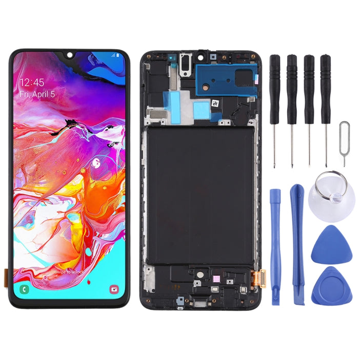 Pantalla LCD de material TFT y ensamblaje completo del digitalizador con marco para Samsung Galaxy A70 (no admite identificación de huellas dactilares)