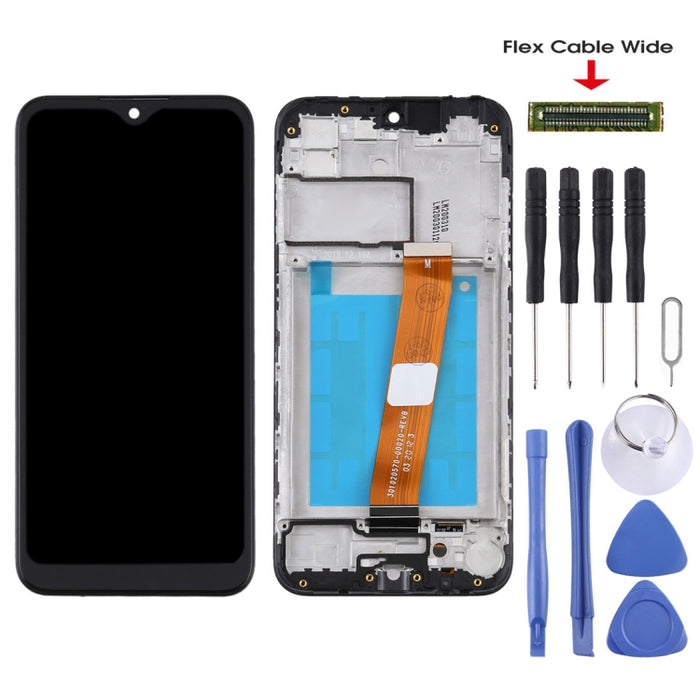 Pantalla LCD y digitalizador de montaje completo con marco (cable flexible ancho) para Samsung Galaxy A01