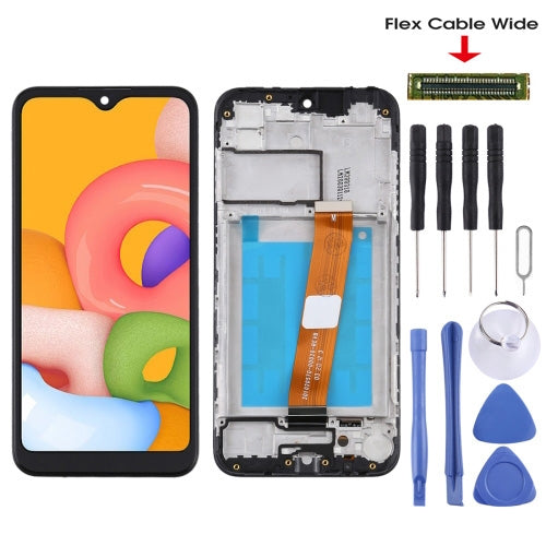 Pantalla LCD y digitalizador de montaje completo con marco (cable flexible ancho) para Samsung Galaxy A01