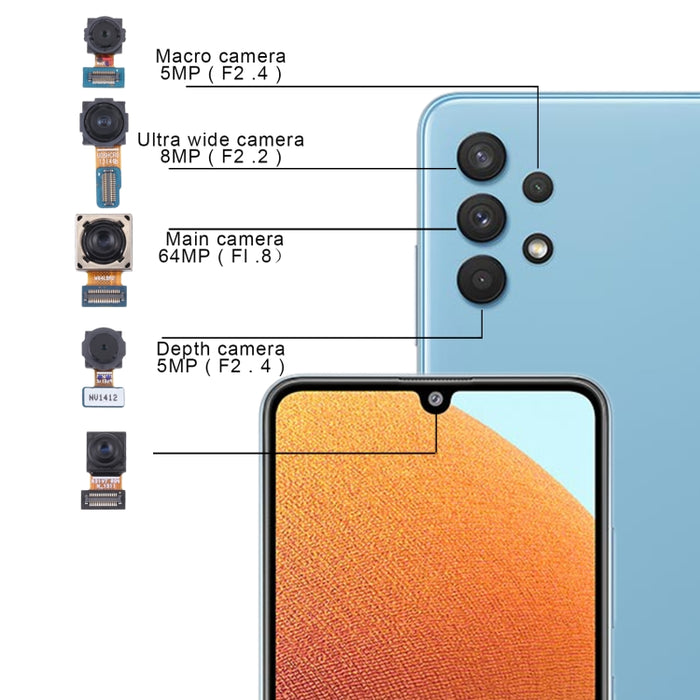 Para Samsung Galaxy A32 SM-A325 Conjunto de cámara original (Profundidad + Macro + Gran angular + Cámara principal + Cámara frontal)