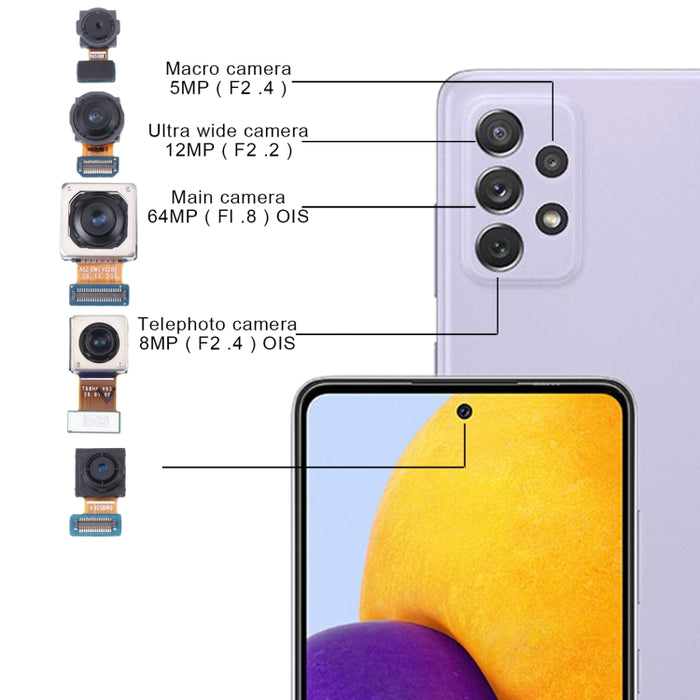Para Samsung Galaxy A72 SM-A725 Conjunto de cámara original (teleobjetivo + macro + gran angular + cámara principal + cámara frontal)