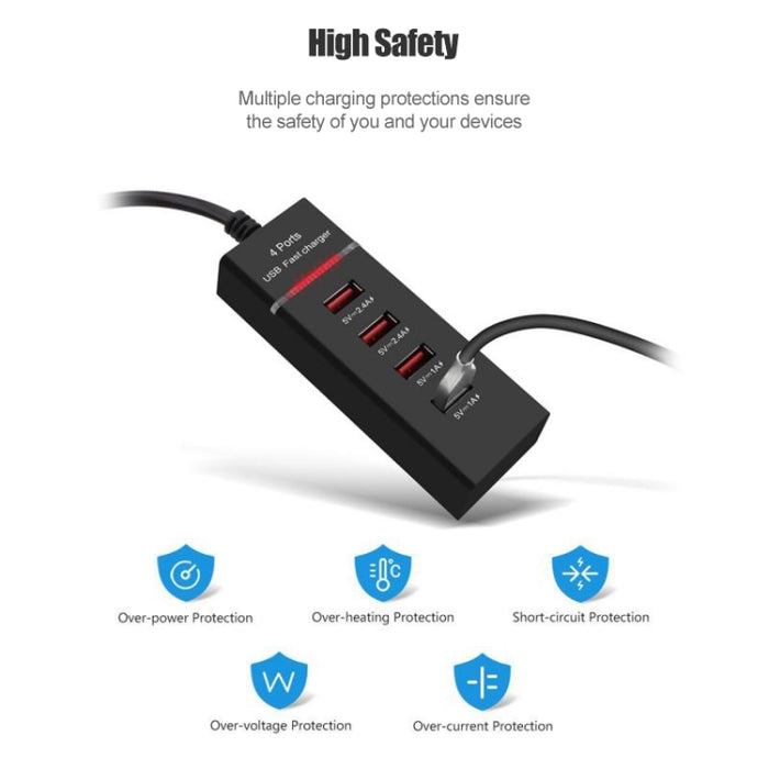 Adaptador de cargador de 4 puertos USB de 5V 4.1A con cable de alimentación, longitud del cable: 1,5 m, enchufe de EE. UU., US Plug