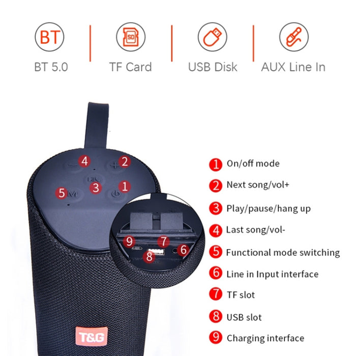 T & G TG169 LED altavoz portátil con Bluetooth Subwoofer impermeable al aire libre 3D estéreo Mini altavoz inalámbrico compatible con tarjeta AUX FM TF