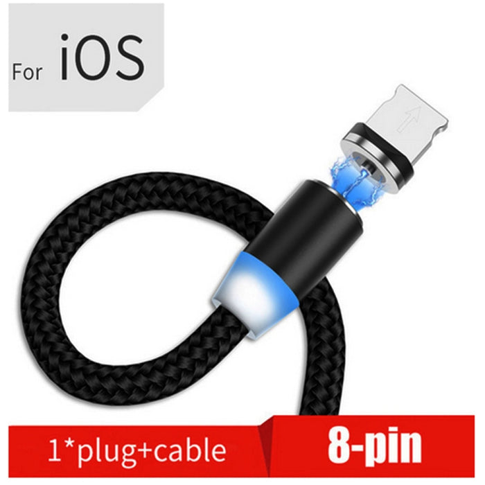 Cable de datos magnético trenzado bicolor de nailon con conector de metal magnético de USB a 8 pines, longitud del cable: 1 m, 8 Pin