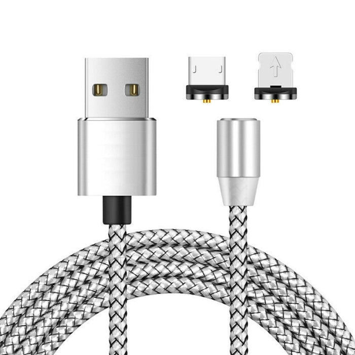 2 en 1 USB a 8 pines + Micro USB Interfaz de metal magnético Cable de carga trenzado de nylon, Longitud: 1 m, 1m