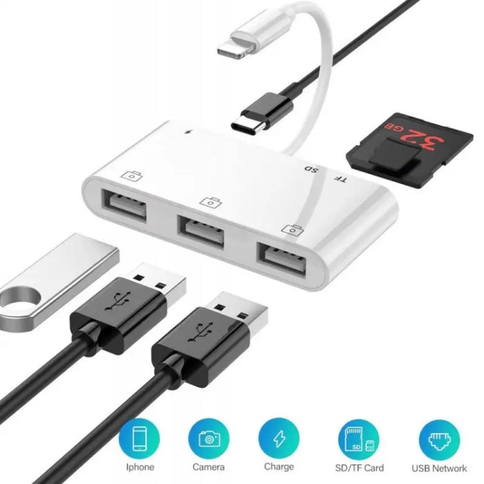 ZS-S1852 Adaptador de lector de tarjetas de cámara OTG 6 en 1 3 USB hembra a macho de 8 pines con tarjeta SD y TF e interfaz de carga de 8 pines, compatible con todos los sistemas iOS