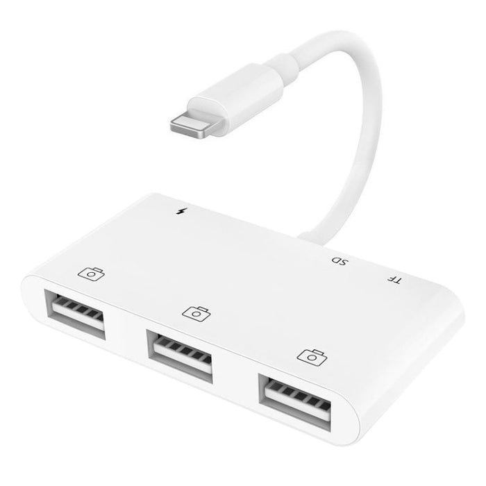 ZS-S1852 Adaptador de lector de tarjetas de cámara OTG 6 en 1 3 USB hembra a macho de 8 pines con tarjeta SD y TF e interfaz de carga de 8 pines, compatible con todos los sistemas iOS