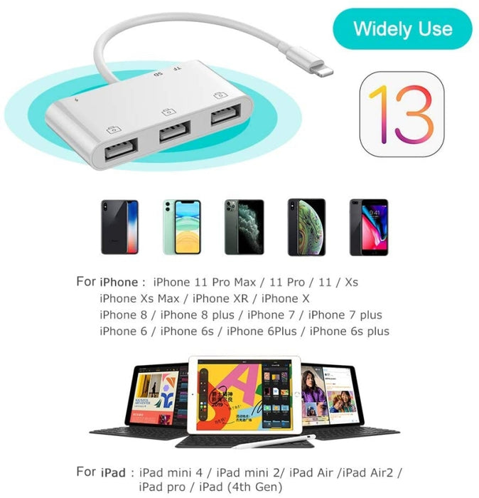 ZS-S1852 Adaptador de lector de tarjetas de cámara OTG 6 en 1 3 USB hembra a macho de 8 pines con tarjeta SD y TF e interfaz de carga de 8 pines, compatible con todos los sistemas iOS