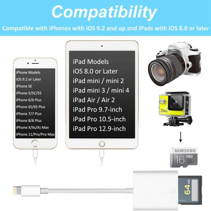 ZS-KL21810 Adaptador de lector de tarjetas de cámara de 8 pines a tarjeta SD, compatible con todos los sistemas iOS