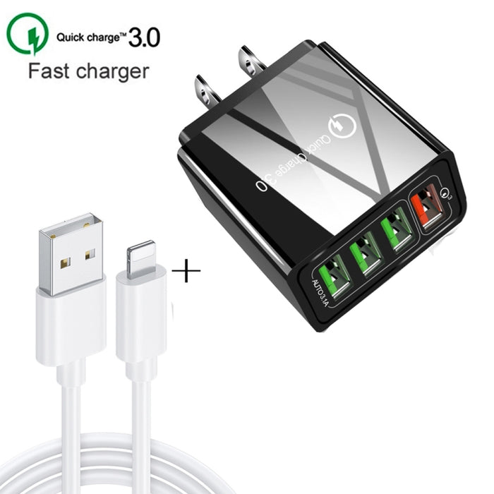 2 en 1 1m USB a cable de datos de 8 pines + 30W QC 3.0 4 interfaces USB Teléfono móvil Tablet PC Cargador rápido universal Juego de cargador de viaje, enchufe de EE. UU., 8 Pin Set US Plug