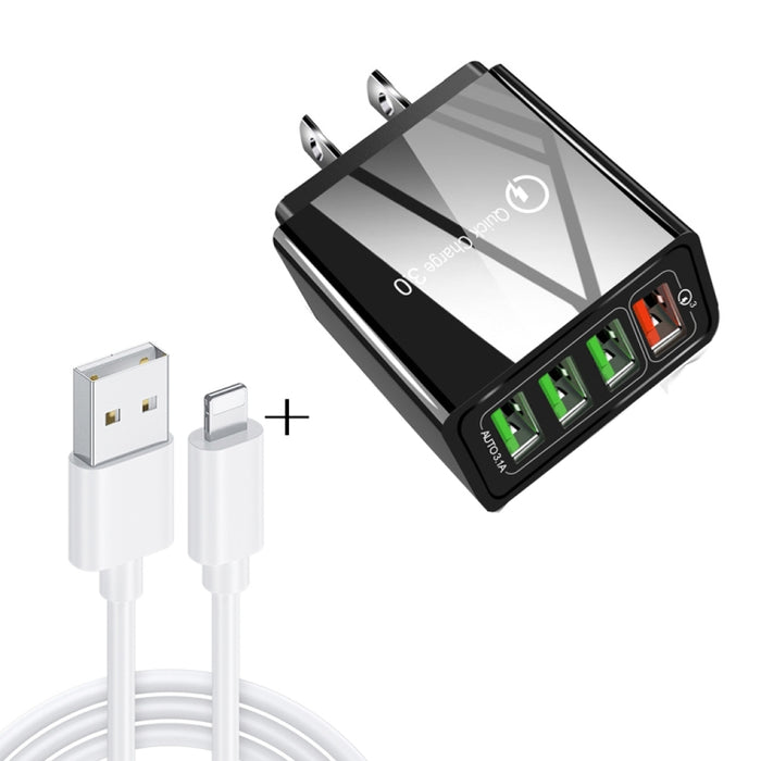 2 en 1 1m USB a cable de datos de 8 pines + 30W QC 3.0 4 interfaces USB Teléfono móvil Tablet PC Cargador rápido universal Juego de cargador de viaje, enchufe de EE. UU., 8 Pin Set US Plug