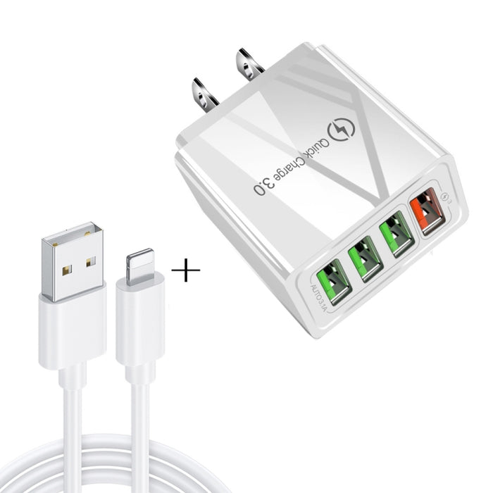 2 en 1 1m USB a cable de datos de 8 pines + 30W QC 3.0 4 interfaces USB Teléfono móvil Tablet PC Cargador rápido universal Juego de cargador de viaje, enchufe de EE. UU., 8 Pin Set US Plug