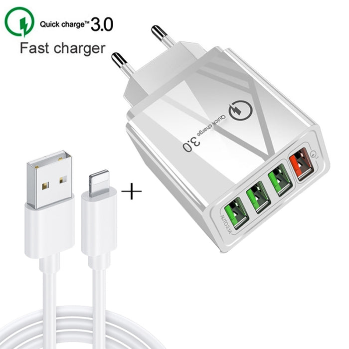 2 en 1 1m USB a cable de datos de 8 pines + 30W QC 3.0 4 interfaces USB Teléfono móvil Tablet PC Cargador rápido universal Juego de cargador de viaje, enchufe de la UE, 8 Pin Set EU Plug