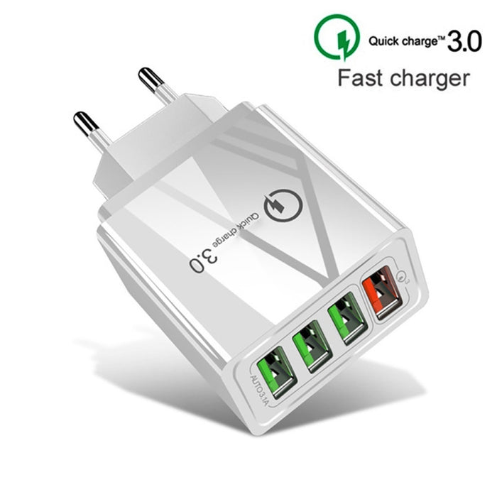 2 en 1 1m USB a cable de datos de 8 pines + 30W QC 3.0 4 interfaces USB Teléfono móvil Tablet PC Cargador rápido universal Juego de cargador de viaje, enchufe de la UE, 8 Pin Set EU Plug