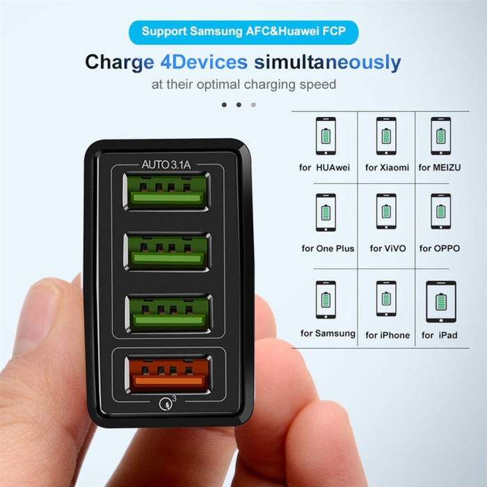 2 en 1 1m USB a cable de datos de 8 pines + 30W QC 3.0 4 interfaces USB Teléfono móvil Tablet PC Cargador rápido universal Juego de cargador de viaje, enchufe de la UE, 8 Pin Set EU Plug