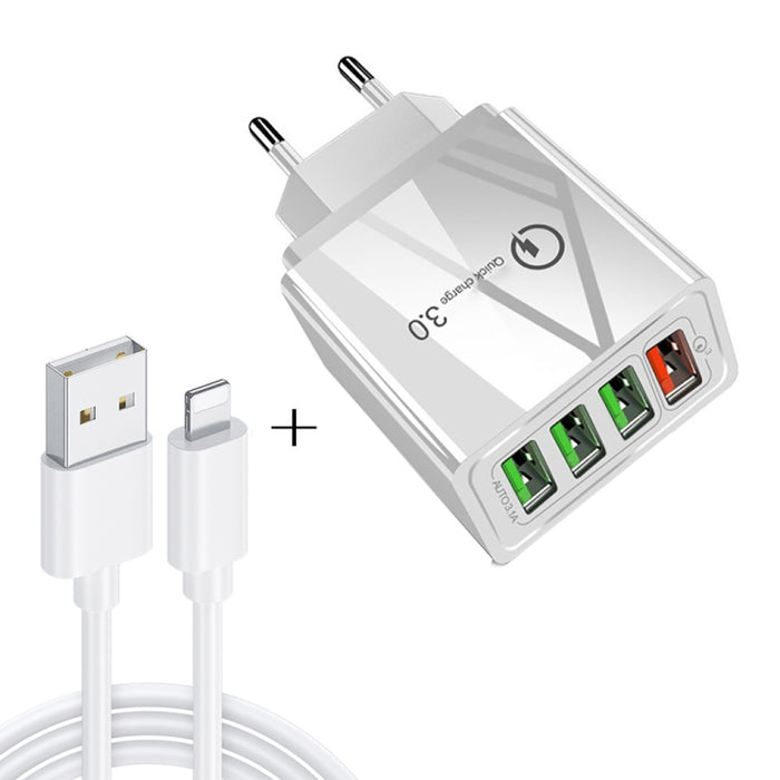 2 en 1 1m USB a cable de datos de 8 pines + 30W QC 3.0 4 interfaces USB Teléfono móvil Tablet PC Cargador rápido universal Juego de cargador de viaje, enchufe de la UE, 8 Pin Set EU Plug