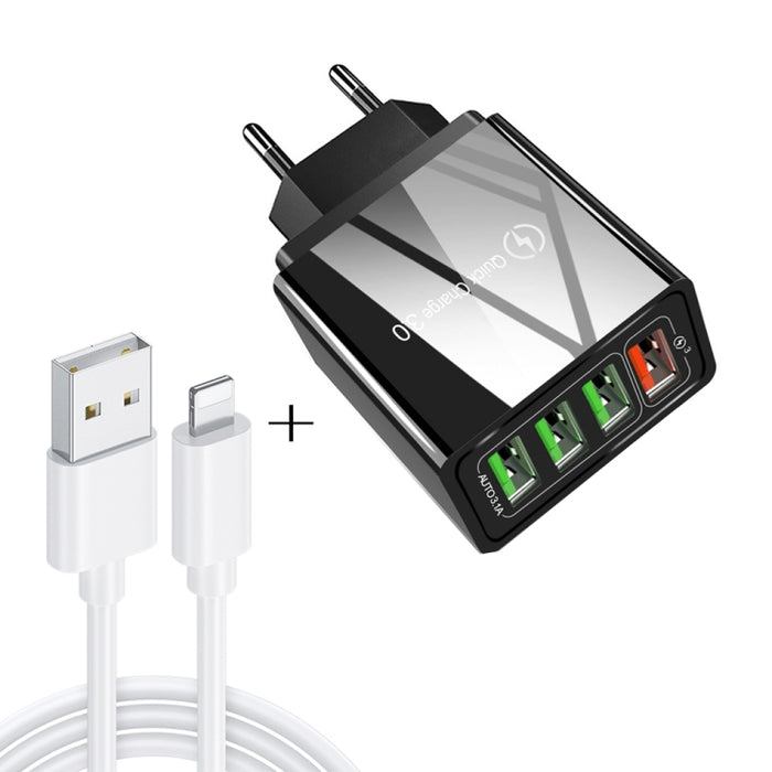 2 en 1 1m USB a cable de datos de 8 pines + 30W QC 3.0 4 interfaces USB Teléfono móvil Tablet PC Cargador rápido universal Juego de cargador de viaje, enchufe de la UE, 8 Pin Set EU Plug