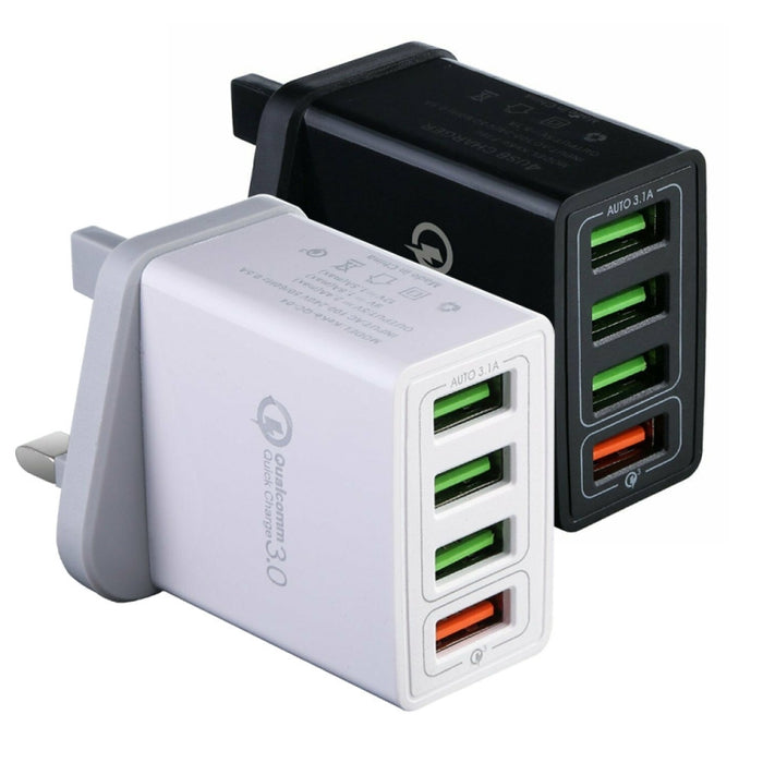 2 en 1 1 m USB a cable de datos de 8 pines + 30 W QC 3.0 4 interfaces USB Teléfono móvil Tablet PC Cargador rápido universal Juego de cargador de viaje, enchufe de Reino Unido, 8 Pin Set UK Plug