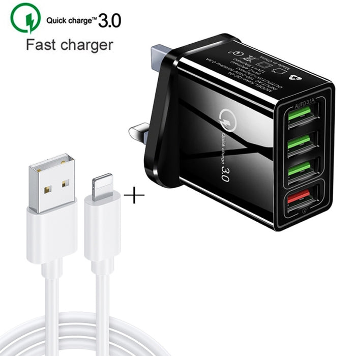 2 en 1 1 m USB a cable de datos de 8 pines + 30 W QC 3.0 4 interfaces USB Teléfono móvil Tablet PC Cargador rápido universal Juego de cargador de viaje, enchufe de Reino Unido, 8 Pin Set UK Plug