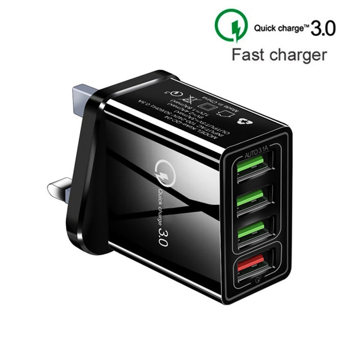 2 en 1 1 m USB a cable de datos de 8 pines + 30 W QC 3.0 4 interfaces USB Teléfono móvil Tablet PC Cargador rápido universal Juego de cargador de viaje, enchufe de Reino Unido, 8 Pin Set UK Plug