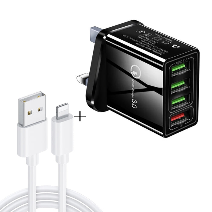 2 en 1 1 m USB a cable de datos de 8 pines + 30 W QC 3.0 4 interfaces USB Teléfono móvil Tablet PC Cargador rápido universal Juego de cargador de viaje, enchufe de Reino Unido, 8 Pin Set UK Plug