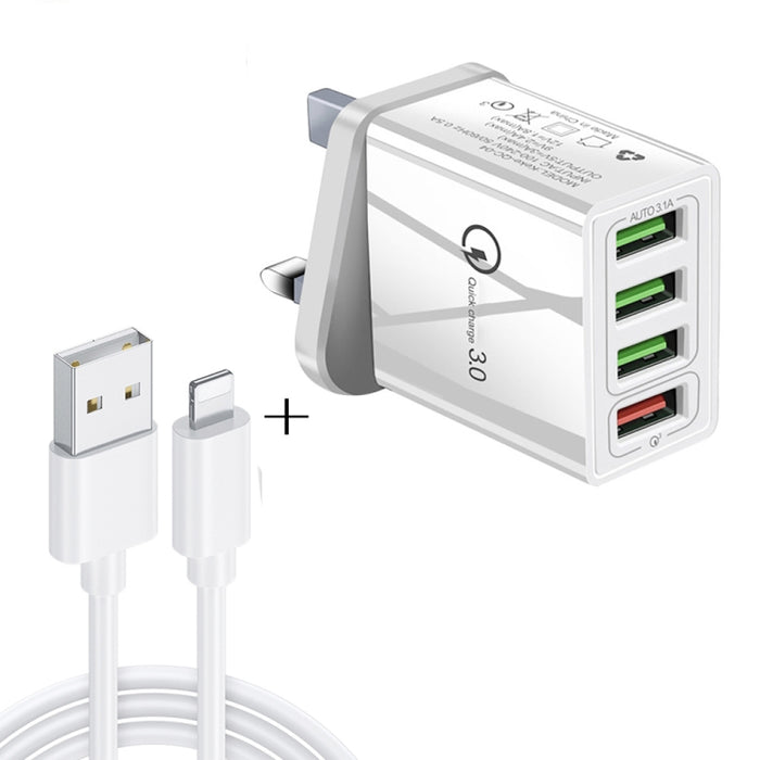 2 en 1 1 m USB a cable de datos de 8 pines + 30 W QC 3.0 4 interfaces USB Teléfono móvil Tablet PC Cargador rápido universal Juego de cargador de viaje, enchufe de Reino Unido, 8 Pin Set UK Plug